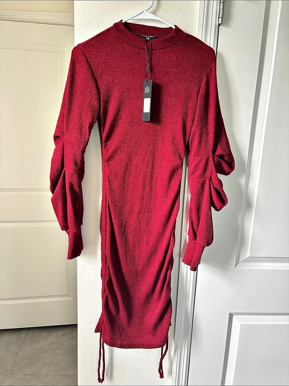 Fashion Nova Ruched Sleeve Dress in Maroon NWT